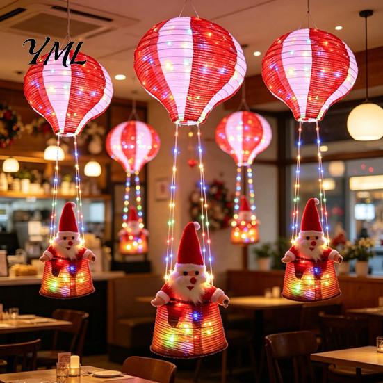 Reusable Christmas Party Supplies Santa Claus Hot Air Balloon Lantern, Lighted Outdoor Decoration with Foldable Holiday Decorations LED String Lights,