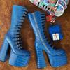 Мода 2025 Новые полые ботфорты с тиснением под крокодила Сексуальные ботинки Платформа Молния Квадратный каблук Ремешок с пряжкой Женские туфли для танца на пилоне