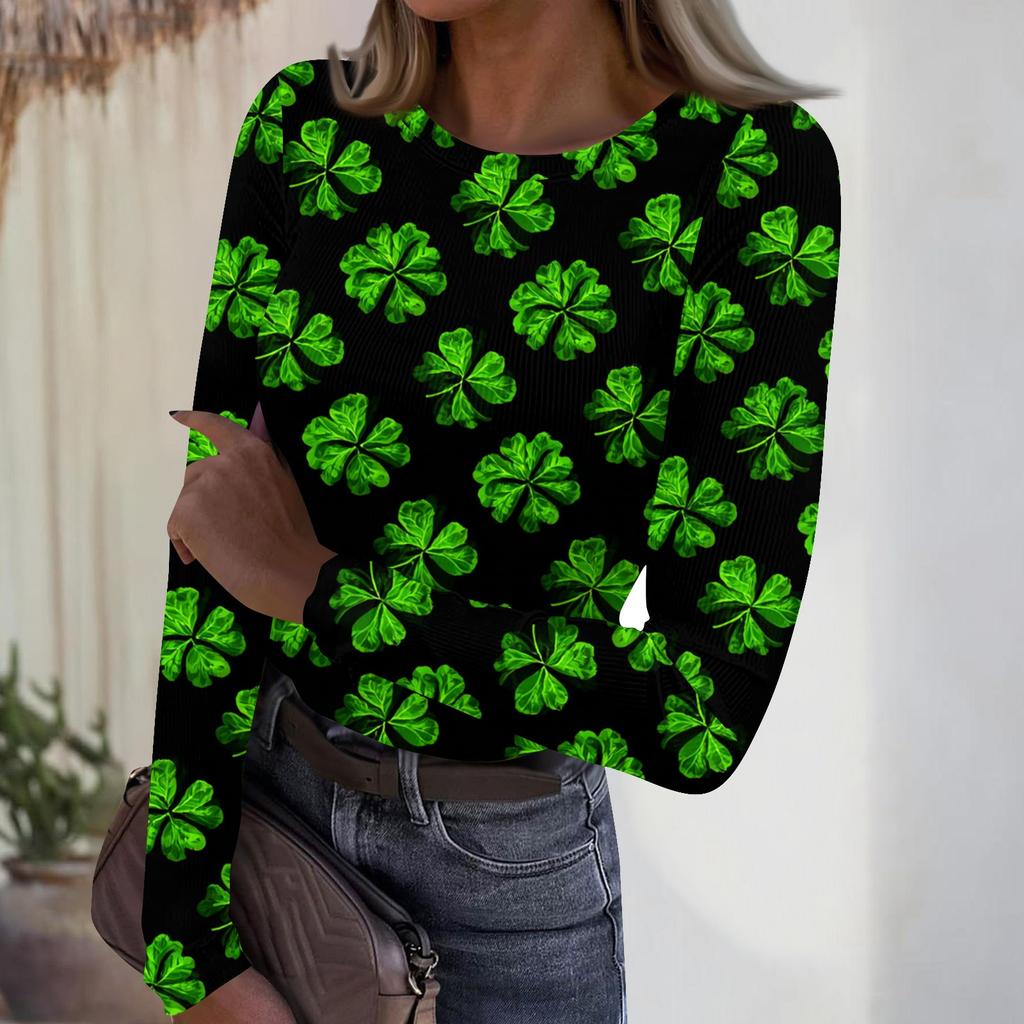 Women's Casual Fashion Round Neck St. Patrick's Day Print Long Sleeve Ribbed Top