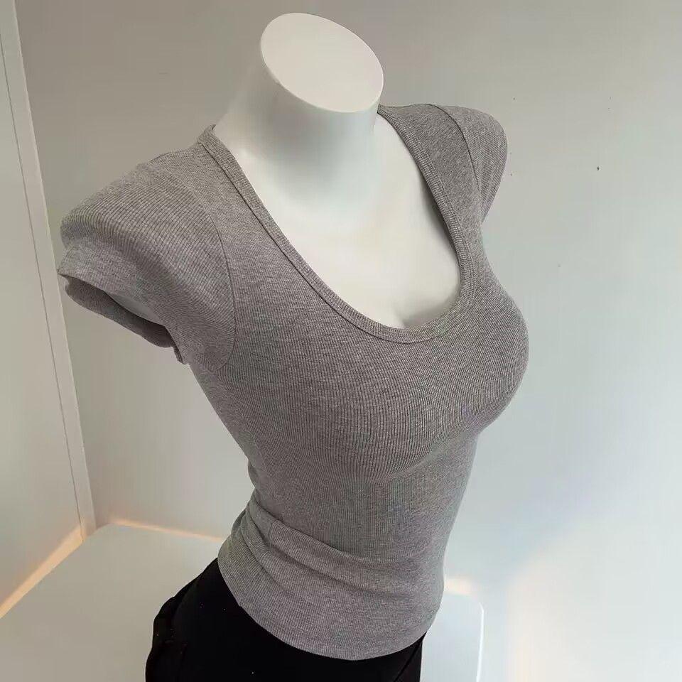 Slim Fit BM Style Большой U-образный вырез с резьбой для похудения и дышащий сплошной цвет с короткими рукавами