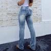 European and American popular retro elastic pocket embroidery splicing washed micro-pull denim trousers women
