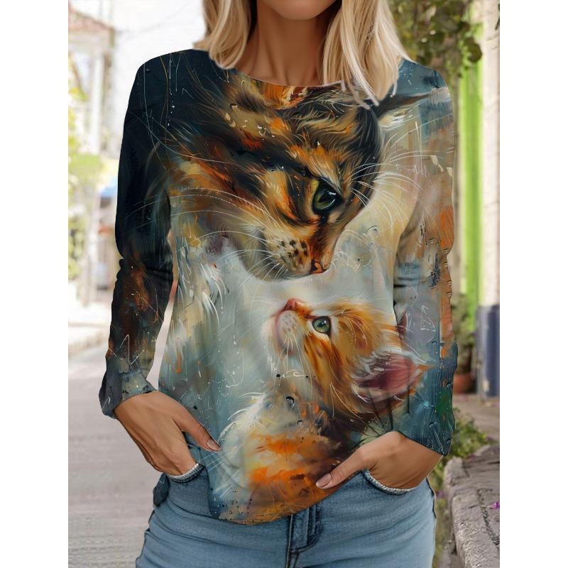 Рождественский женский круглый вырез с длинным рукавом и принтом котенка, длинный рукав, праздничный свитер с 3D-принтом, длинный рукав, весна и осень