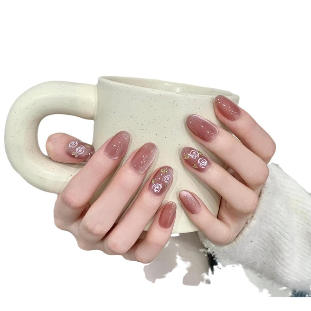 Искусственные ногти ручной работы Misty Rose Cat Eye Short Fake Nail Set With Glue Многоразовые и съемные накладные ногти