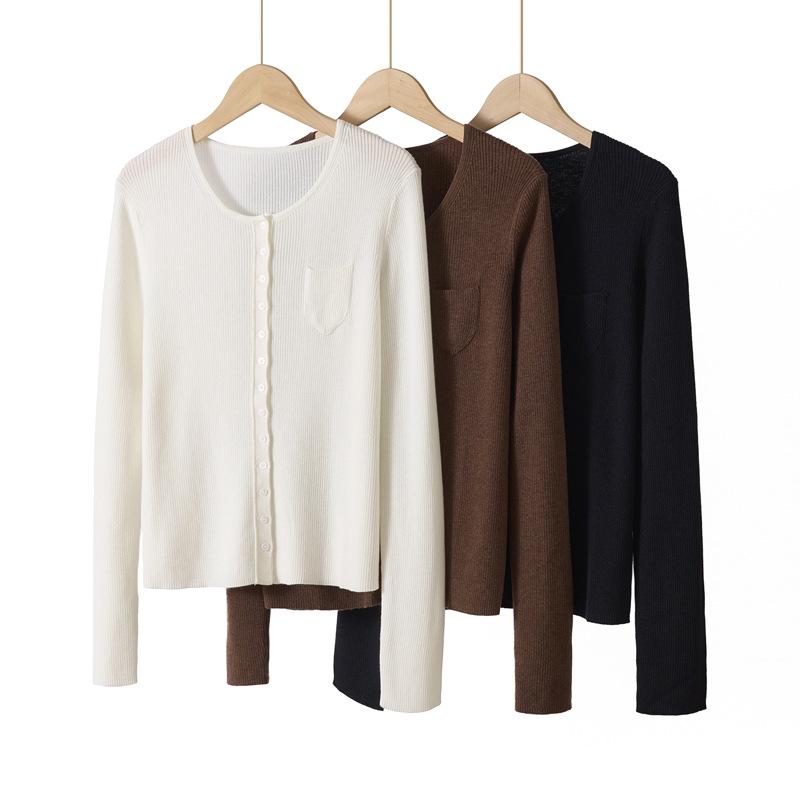 Early Spring New Round Neck Long Sleeve Design Sense Small Pocket Fashion Literary Lazy Wind Wool Knitted Sweater Outside Cardigan