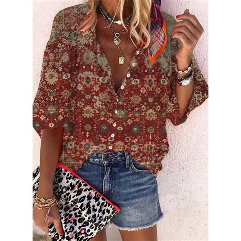 Летняя мода Стойка воротник Свободный крой На пуговицах Ретро принт Повседневные Рукава семь восьмых Женские блузки и рубашки