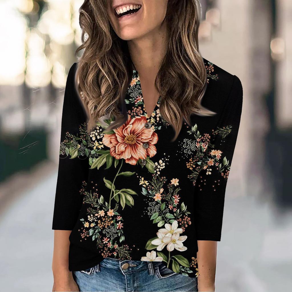 Женская мода повседневный свободный топ с рукавом 3/4 и круглым вырезом