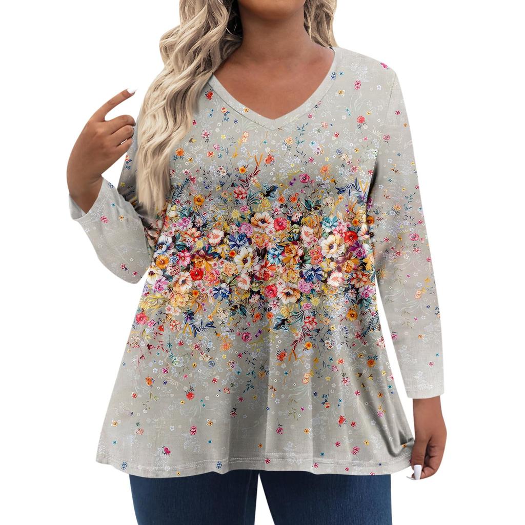 Женские топы больших размеров с длинным рукавом и принтом, рубашки с V-образным вырезом, повседневная одежда, топы