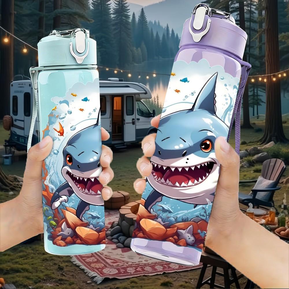 1PC Angry Shark Ocean Graphic 750ml Color Plastic Sports Water Bottle Leakproof Flip Straw Lid Suitable for Sports Office Home Use