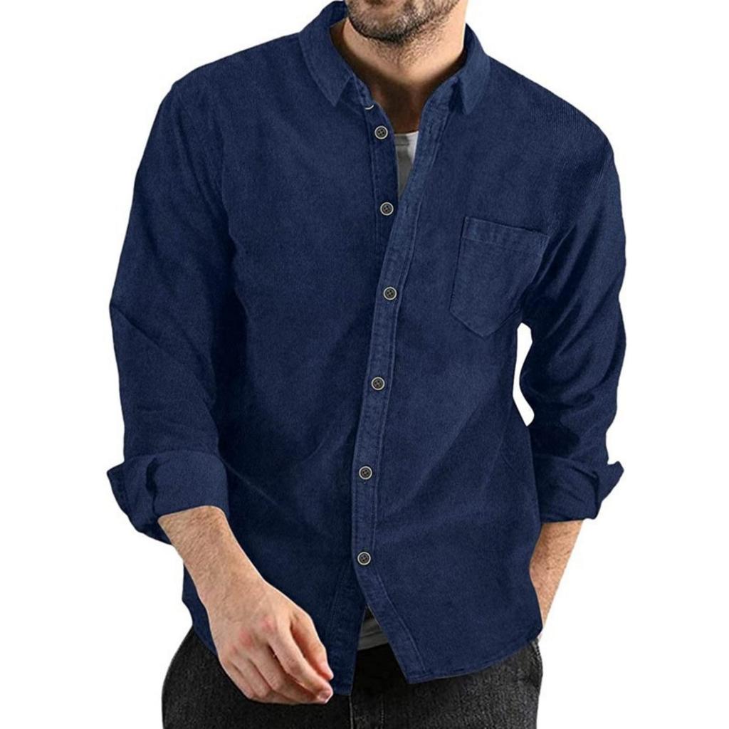 Men's Casual Loose And Fashionable Lapel Solid Color Sporty Long-sleeved Men's Button-down Corduroy Shirt Top