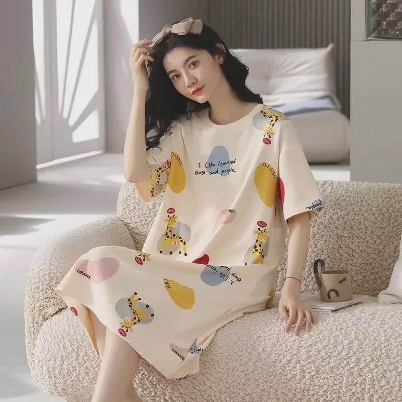 2024 Women's Cute Cartoon Summer Short-Sleeve Nightdress, Thin Large Size, Indoor/Outdoor Wear