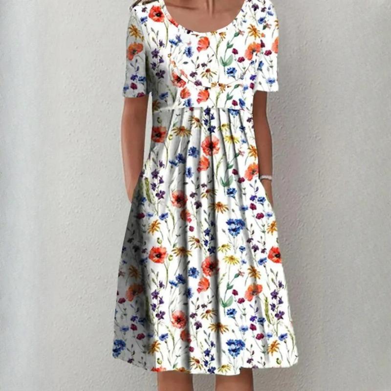 Женская мода лето весна однотонный принт с коротким рукавом и круглым вырезом с высокой талией повседневные платья