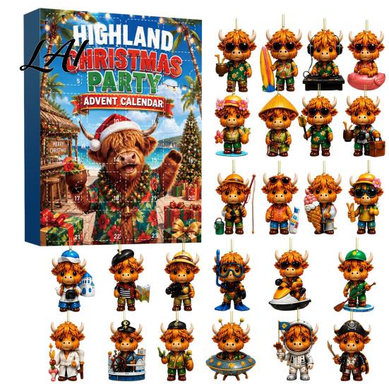 Kids' Christmas Advent Calendar Highland Cow Calendars 2026 2D Acrylic Ornaments 24 Days for Cat Lovers Countdown with Collectible Mini Figures