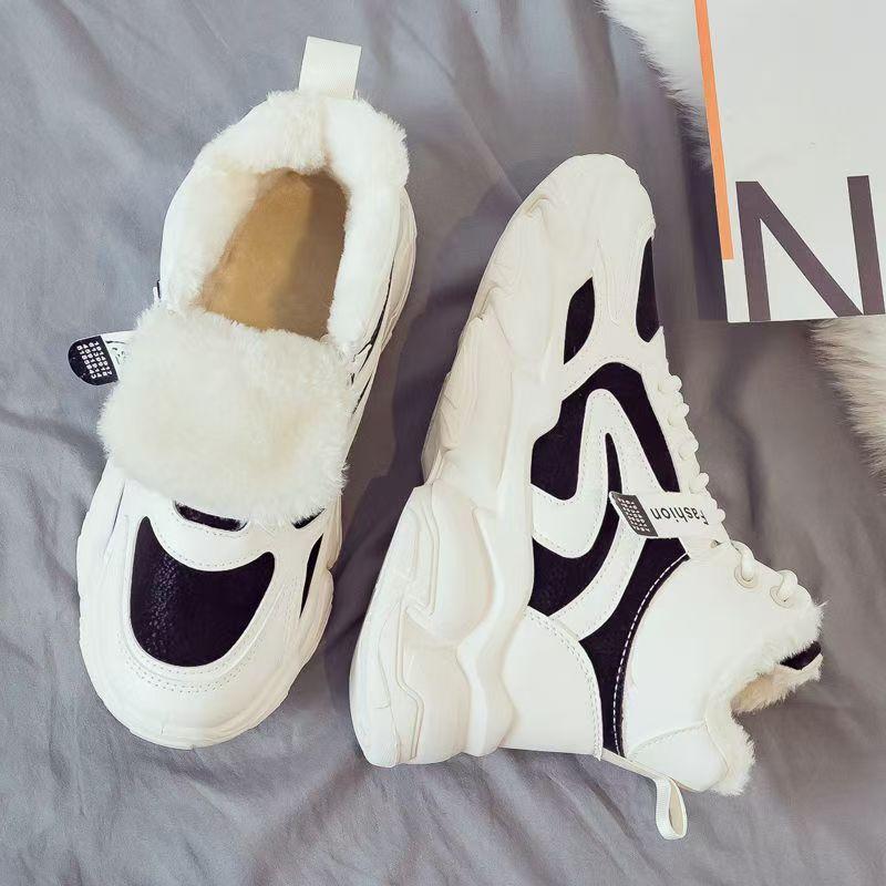 Флисовые кроссовки для папы женские зимние новые корейская версия теплые спортивные ботинки с высоким верхом студенческие хлопковые туфли ins трендовые туфли