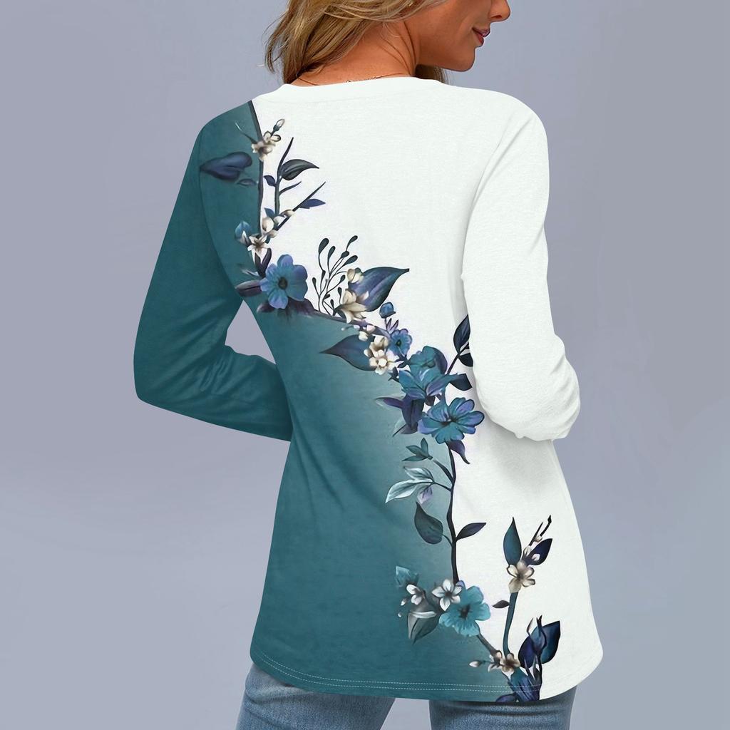 Женская модная повседневная футболка с V-образным вырезом и длинным рукавом с принтом, женская футболка