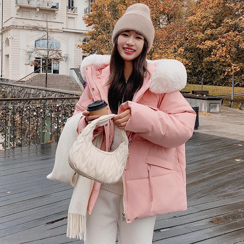 2024 Новое модное корейское стильное пальто с большим меховым воротником, нишевое толстое зимнее пальто из хлопка, теплое уличное пальто