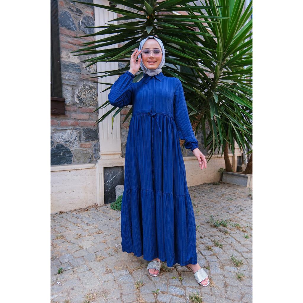 Waist Gathered Dress Navy Blue