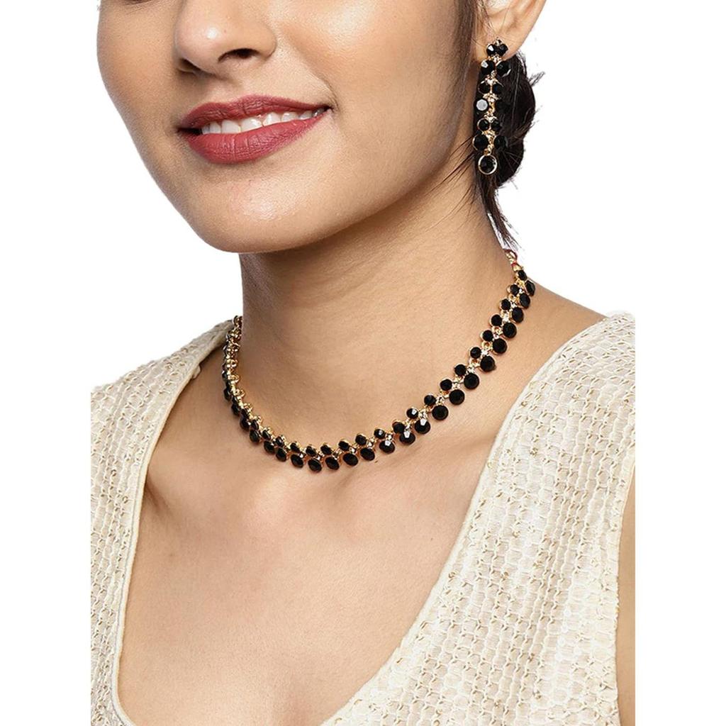 ZAVERI PEARLS Black Stones Gold Tone Choker Necklace Set For Women