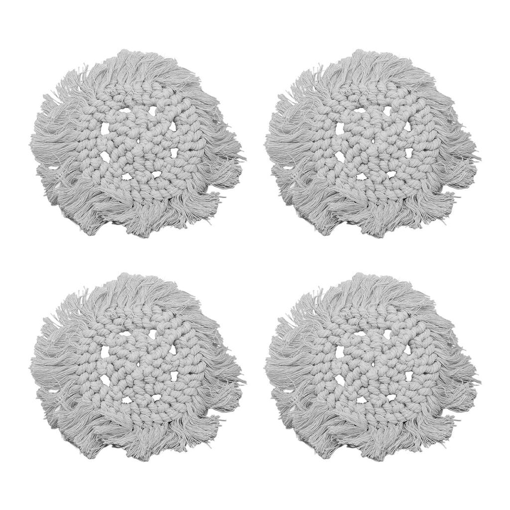 4pcs Cotton Thread Woven Drink Coasters with Tassel Round Pure Color Elegant   Lipstick Pot Pads Mats
