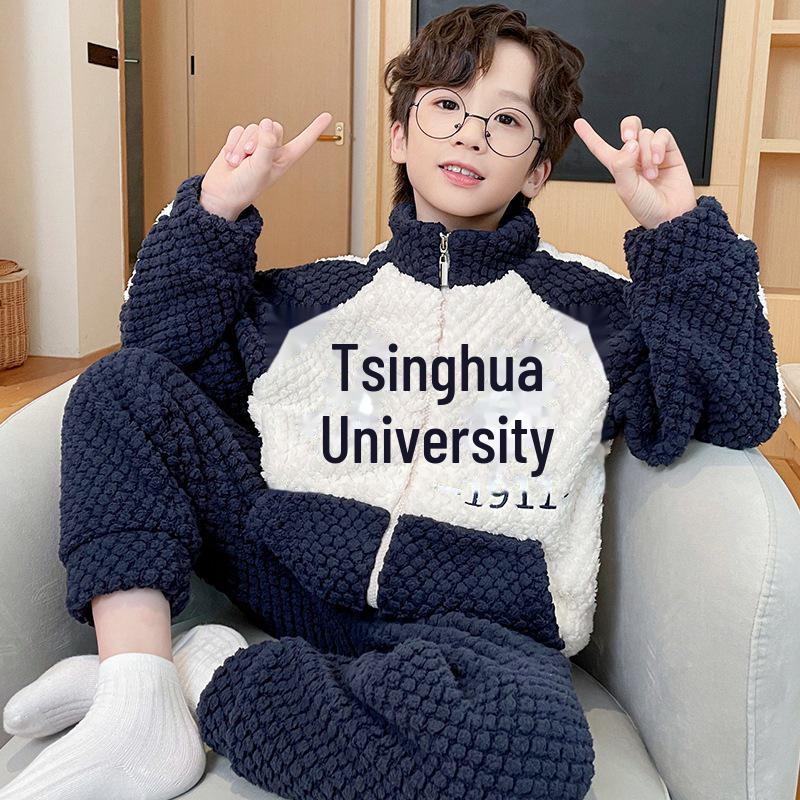 Autumn 2023 Boys Coral Fleece Pajamas - Velvet Flannel Winter Homewear for Kids