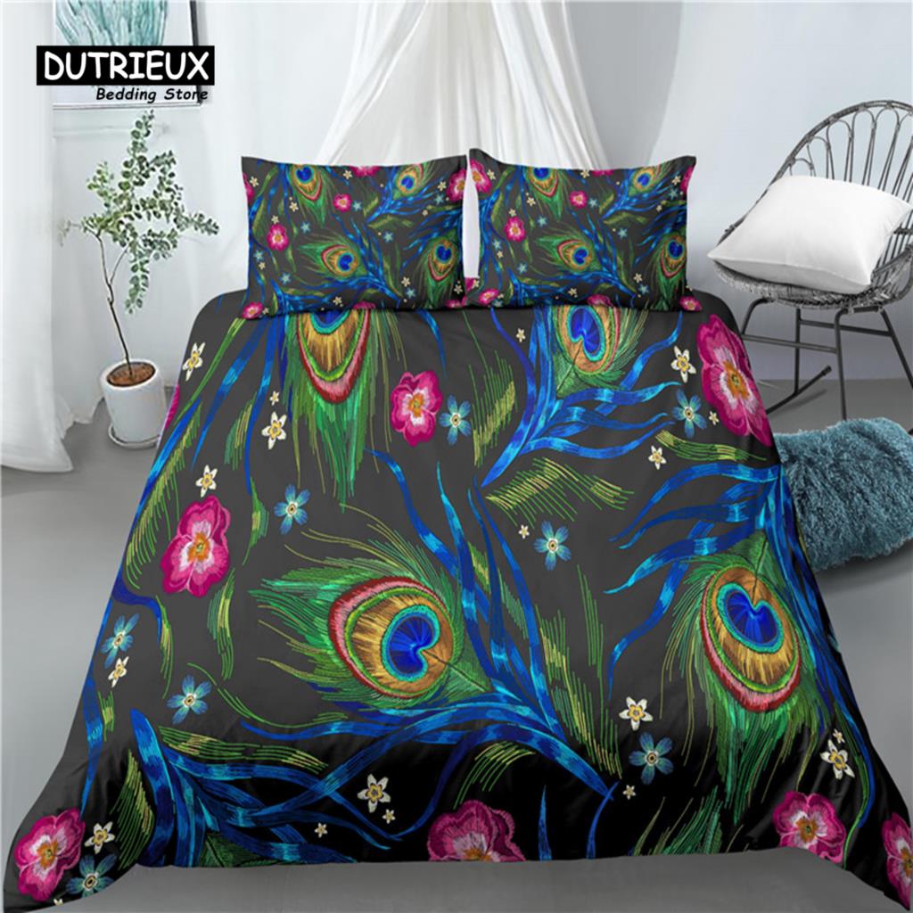 Главная Жизнь Роскошь 3D Павлиньи Перья Принт 2/3 шт Удобный Пододеяльник Наволочка Постельное белье Комплекты Queen и King Размер EU/US/AU
