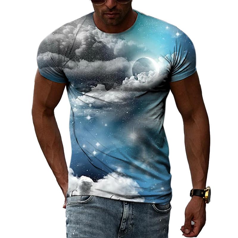 Летние мужские футболки с голубым небом и белыми облаками с 3D принтом, модные повседневные индивидуальные простые футболки с короткими рукавами и круглым вырезом, топы