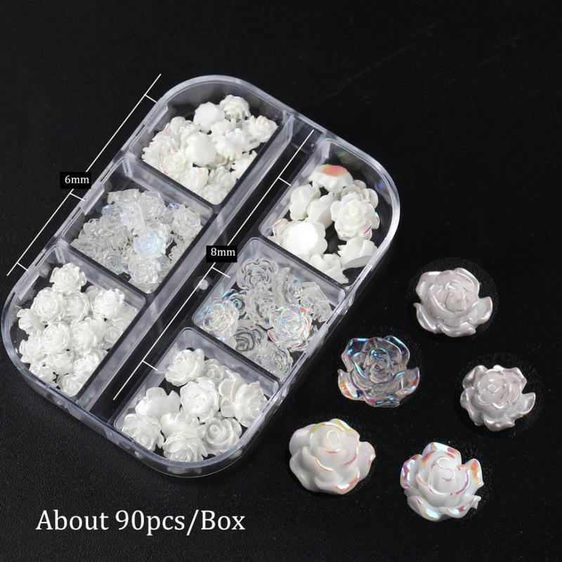 White Aurora Camellia Nail Art Jewelry Acrylic Resin Flowers Design Elegant Wedding Charms Accessories Rhinestone Decor