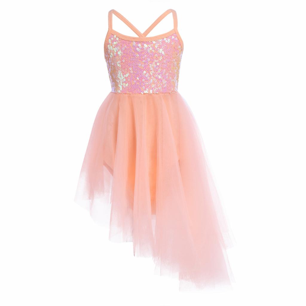 Kids Girls Sleeveless Sequins Tulle Ballet Dance Gymnastics Leotard Dress Lyrical Dance Wear