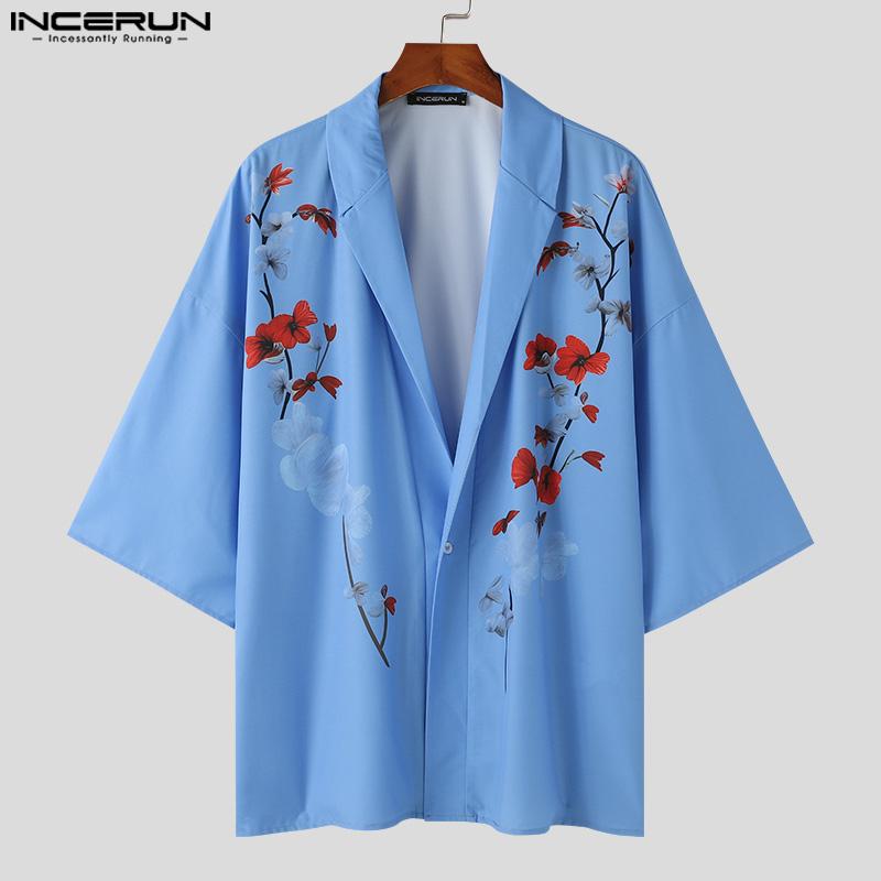 INCERUN Мужские кардиганы с воротником с лацканами и V-образным вырезом, рубашки, кимоно с цветочным принтом