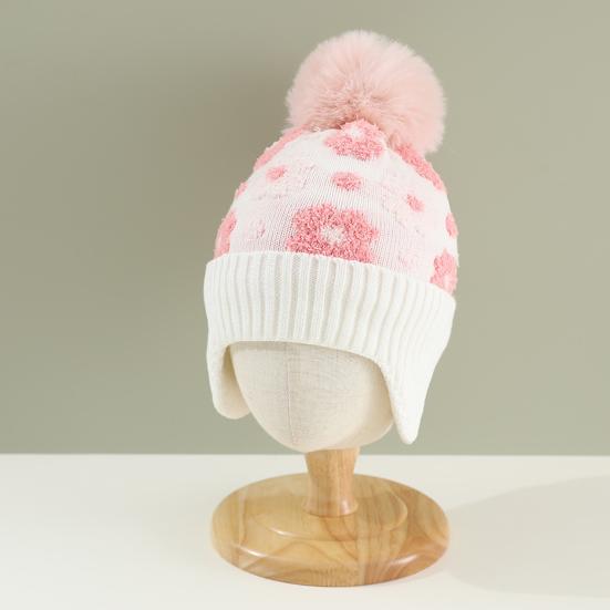 Детская шерстяная шапка с меховым помпоном, украшениями в виде маленьких цветочков, защитой ушей, утолщенной плюшевой подкладкой, вязаная шапка