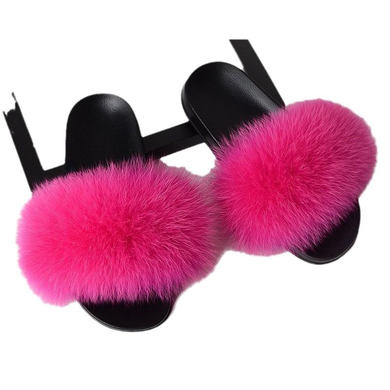 Furry Slippers for Women The Same Style In Summer Real Fox Fur Slippers Plus Size Female Sandals