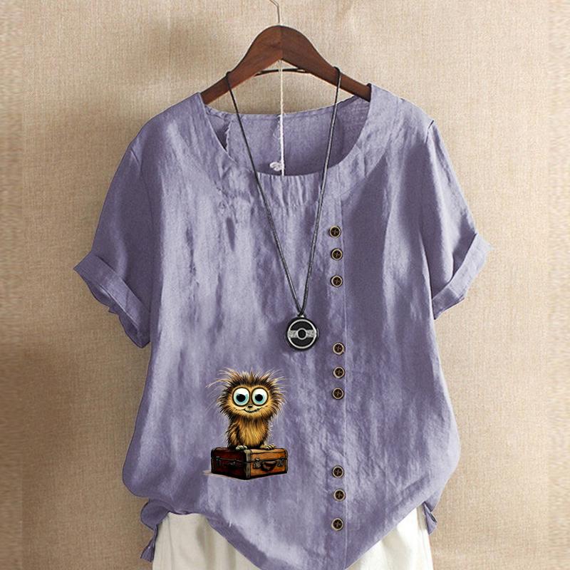 Women's Fashion Owl Prined Short Sleeve T-shirt Loose Cotton Shirt Casual Loose Summer Blouse Plus Size Tops
