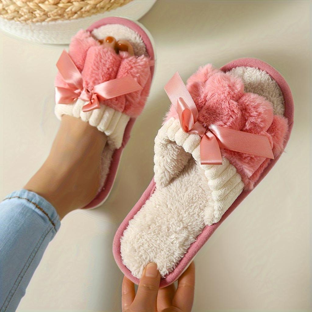 Warm Bowknot Decor Slippers, Casual Open Toe Plush Shoes, Comfortable Indoor Home Slippers