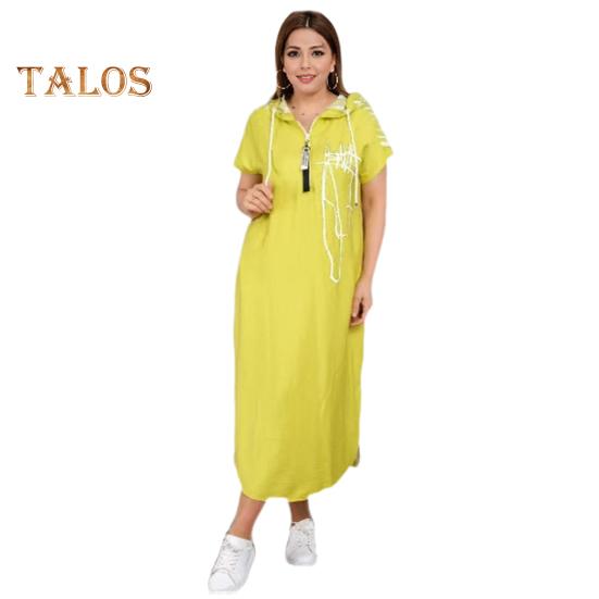 Летнее платье макси на молнии с капюшоном на шнурке с короткими рукавами Свободный подол с принтом в стиле пэчворк Повседневная повседневная одежда длинное платье