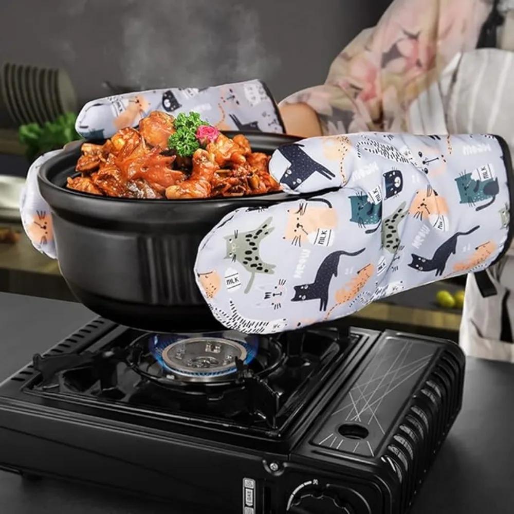 Милые хлопковые перчатки с рисунком кота для духовки, двойные, толстые, термостойкие, противоожоговые, подходят для духовки, барбекю, прихваток для кастрюль