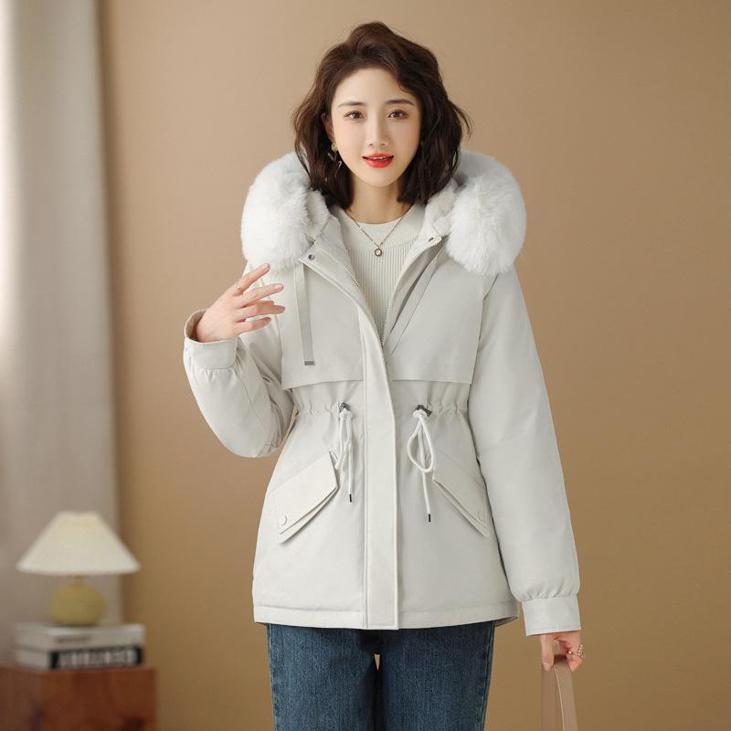 Autumn and winter women's hooded big fur collar pie to overcome waist and thin windproof cotton clothing supply