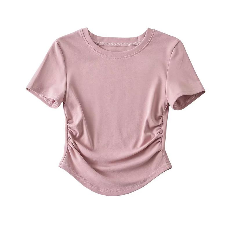 2024 Harajuku Женская хлопковая футболка с круглым вырезом, короткими рукавами и рюшами по бокам, футболки