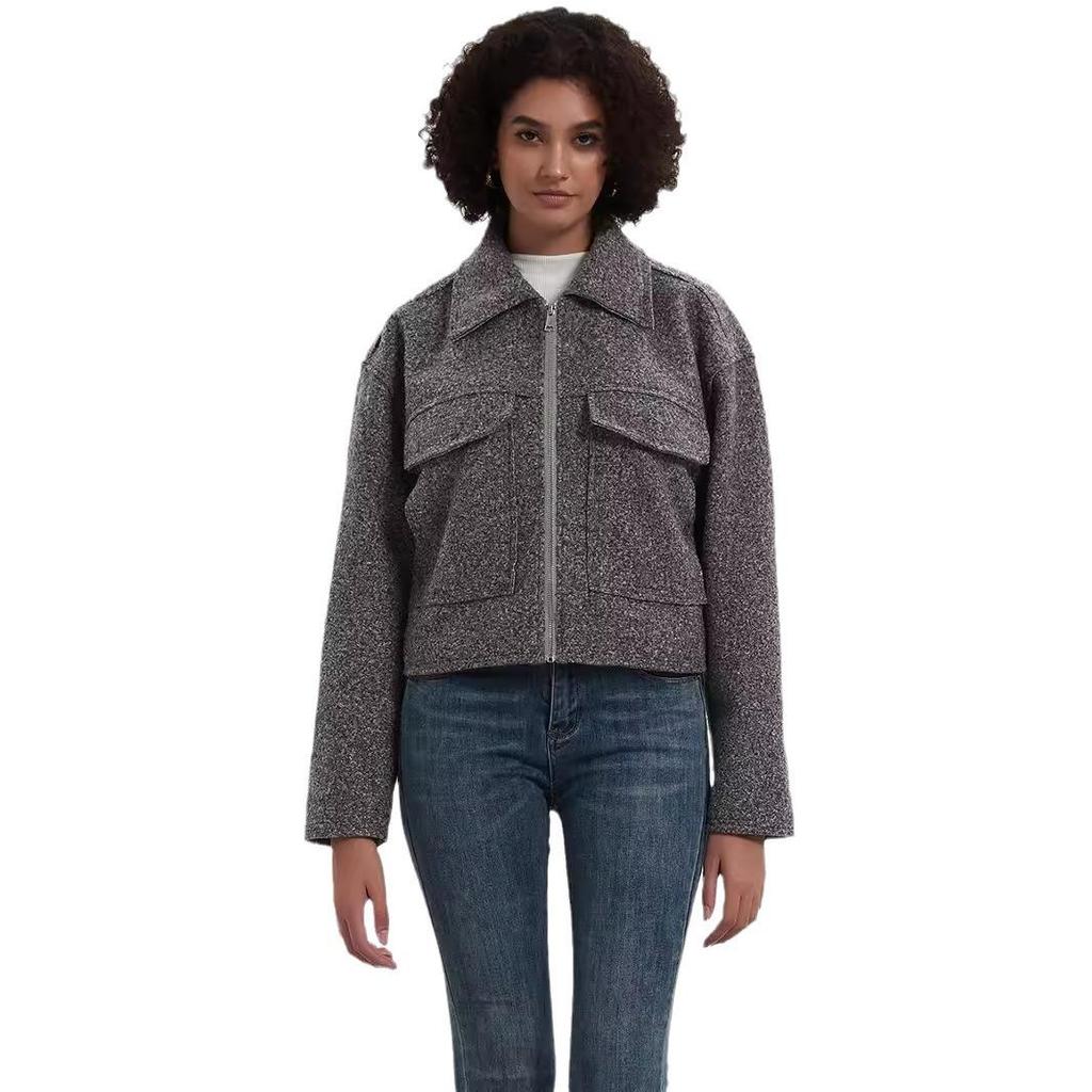 Женское пальто из серой шерсти в европейском и американском стиле с отложным воротником, большими карманами, для осени и зимы