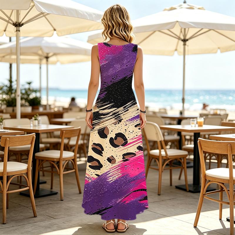 Women's Sleeveless Maxi Dress Leopard & Ink Splatter Print,Loose Fit,Soft Breathable,Casual Office Travel Outfit,Trendy Daily Wear,Ideal for Photos