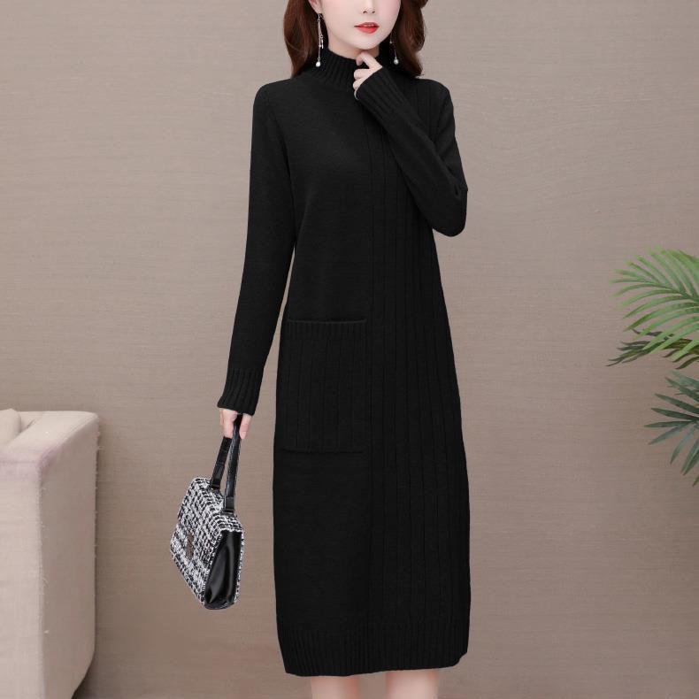 Autumn Winter Mid-length Knitted Dress Women's Solid Color Pullover Dress Thickened Half High Collar Bottoming Knitted Pockets Dress