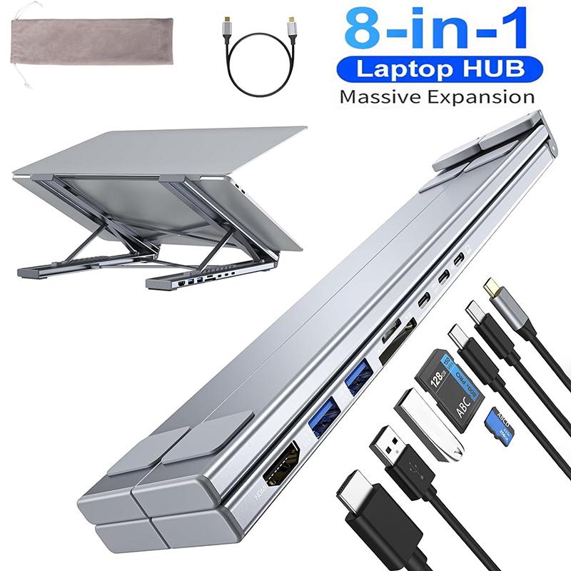 Подставка для ноутбука 8-в-1 USB-C с док-станцией Универсальная док-станция USB-C Подставка для планшета Складные хабы Type-C Адаптер Plug and Play