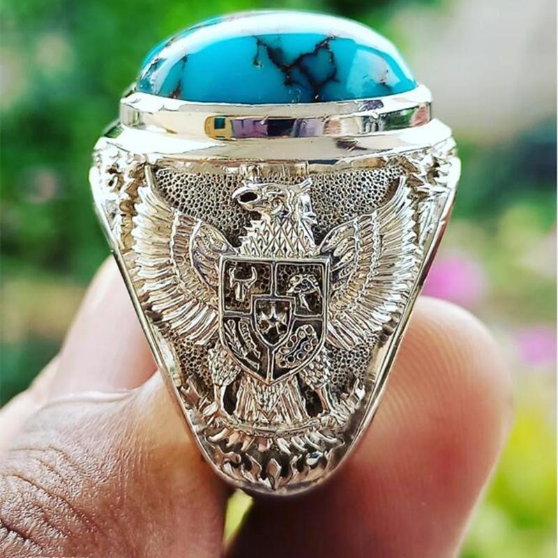 Экологичное посеребренное кольцо с бирюзой в стиле ретро с орлом