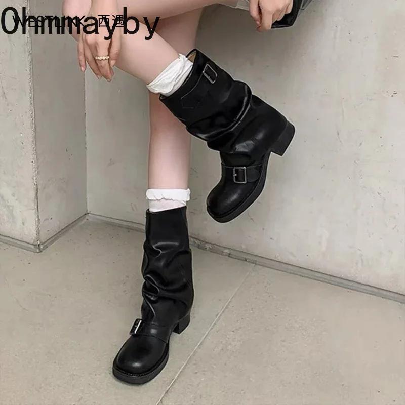 Women Western Cowgirl Booties Fashion Slip On Mid Calf Booties Retro Style Thick Heel Autumn Female Shoes