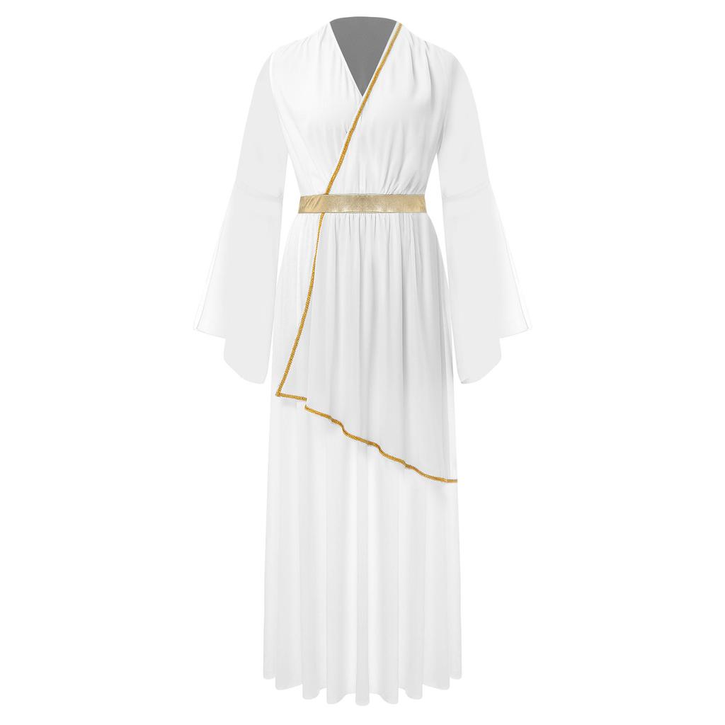Женский греческий костюм Римская королева принцесса Древняя тога платье V-образный вырез длинный рукав контрастный маскарадный костюм