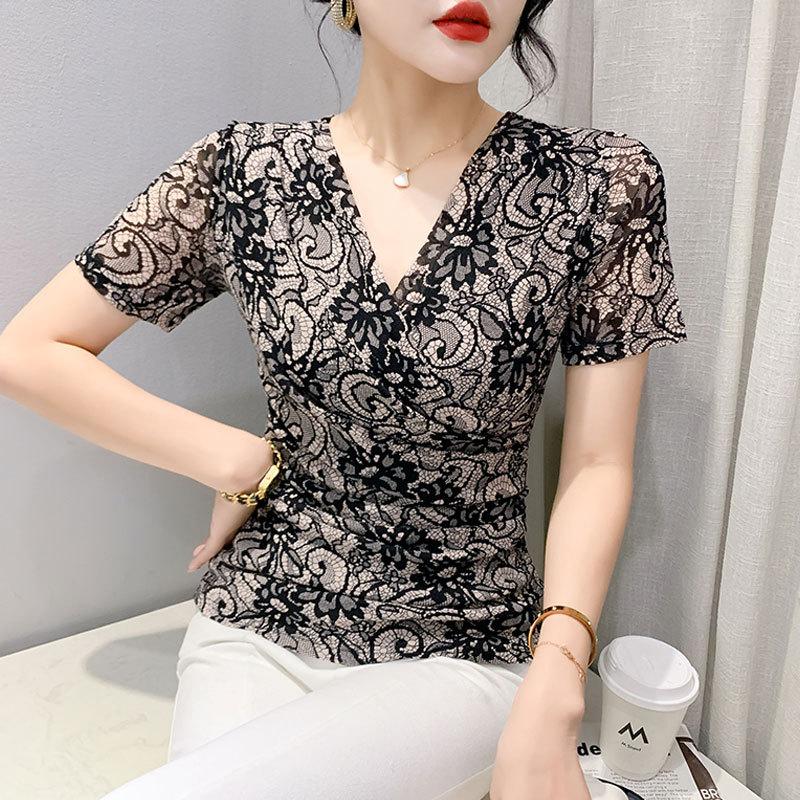 Женская рубашка в сеточку в стиле ретро с V-образным вырезом, модная футболка с длинными рукавами, облегающий танцевальный топ