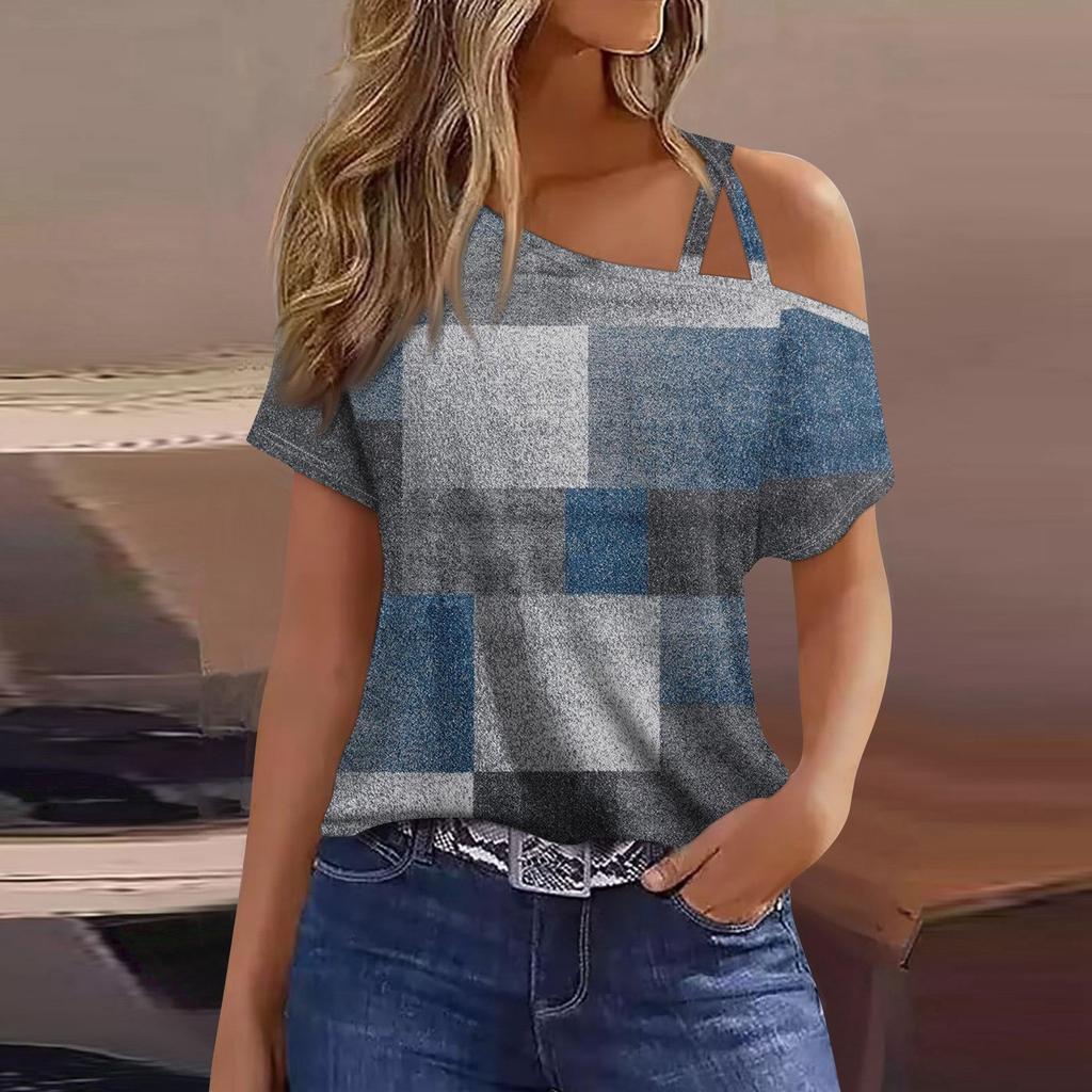 Women's Fashion Casual Print Sexy Cold Shoulder Short Sleeve T-shirt Top
