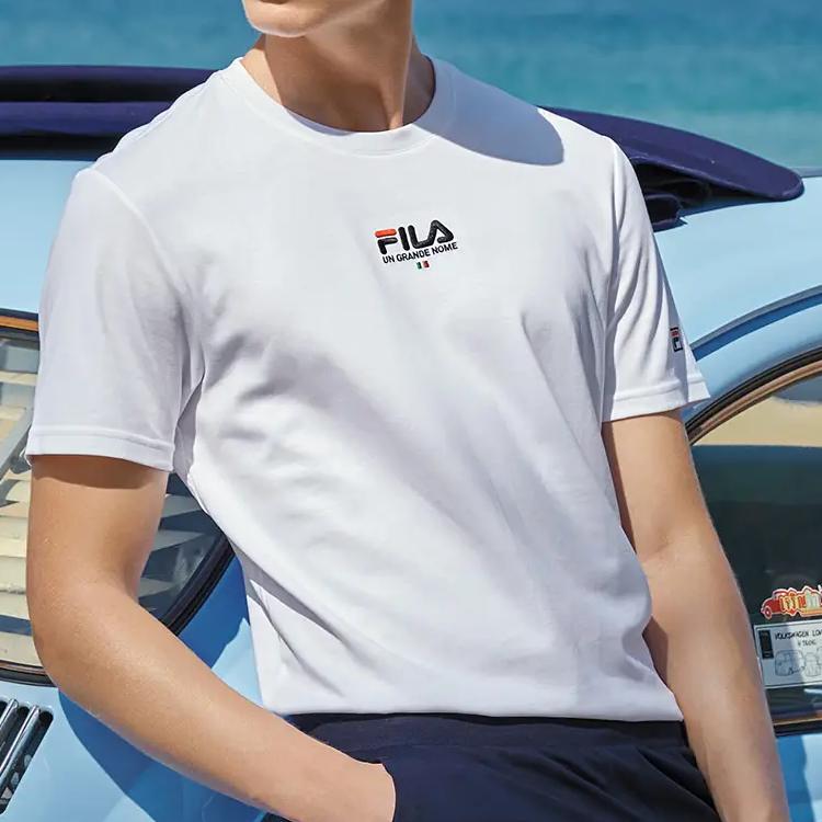Fila Однотонная футболка с логотипом в виде буквы, спортивная мода, круглый вырез, трикотаж, короткий рукав, мужские топы, белые F51M228198FWT