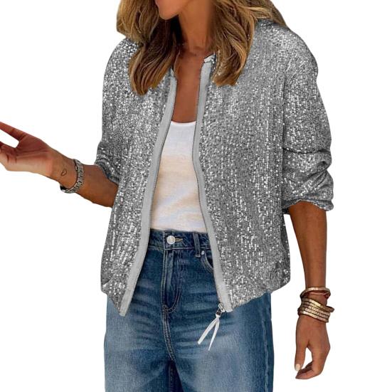 Женское пальто с блестками, круглым вырезом, застежкой-молнией, длинными рукавами, кардиганом, коротким, свободным, для клуба, выступлений, сценических вечеринок