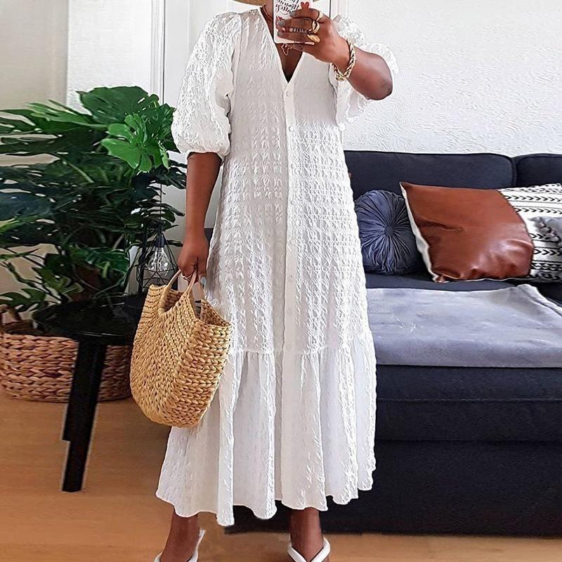 Summer Woven Solid Color V-neck Button Pleated Loose Casual Dress