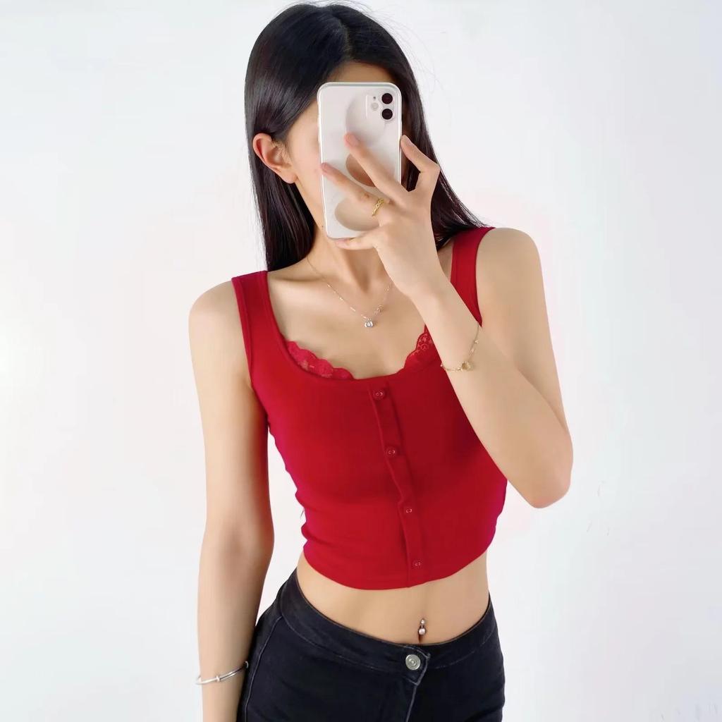 Летний кружевной кроп-топ-майка 2024 - Женский двухпредметный дизайн без рукавов с круглым вырезом