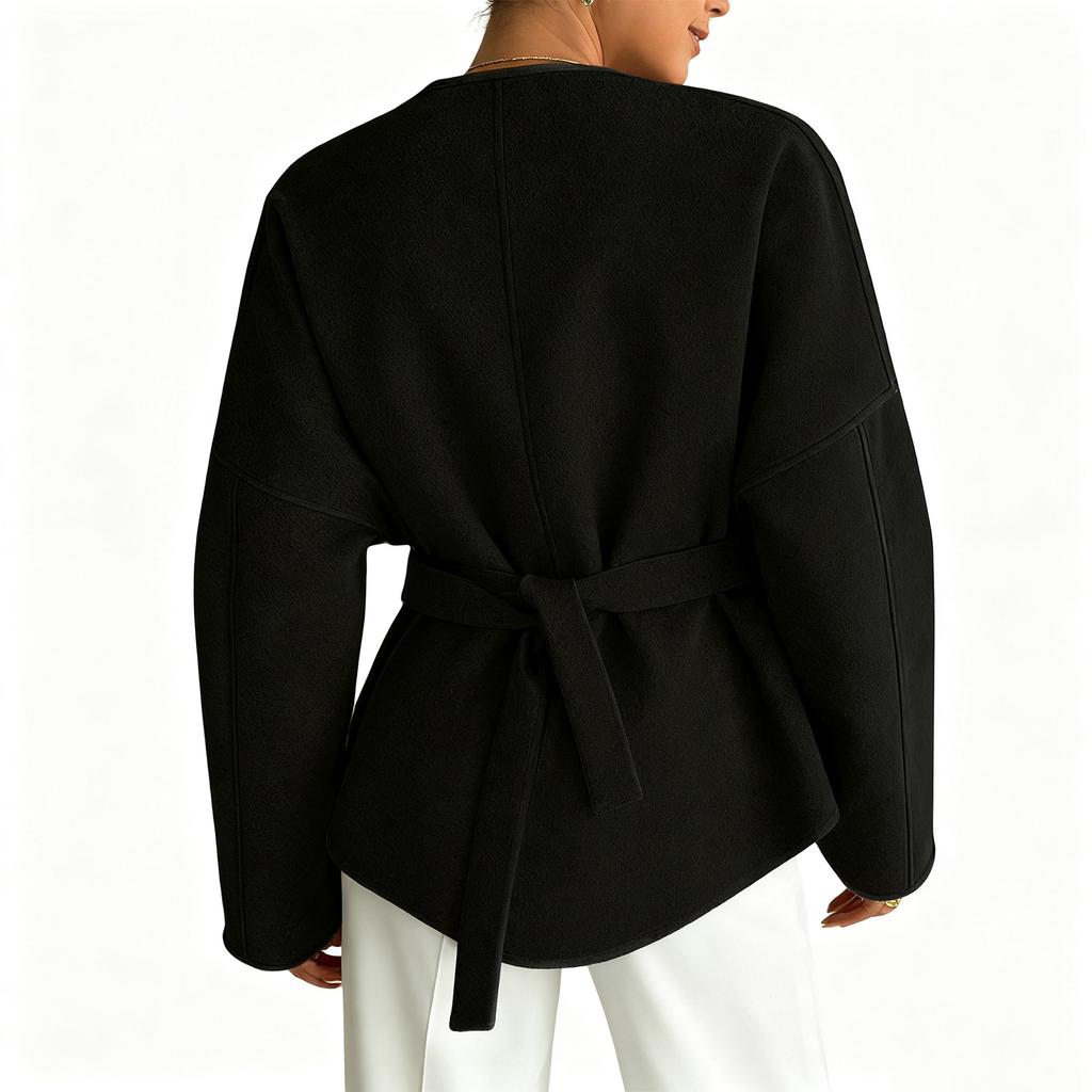 Women's Casual And Fashion V-Neck Strapped Long Sleeve Solid Color Coat